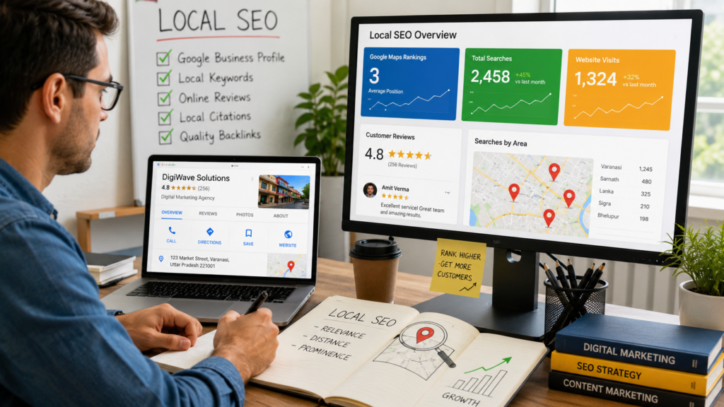 Local SEO for Small Businesses helping a business owner improve Google rankings and attract more local customers through online search optimization.