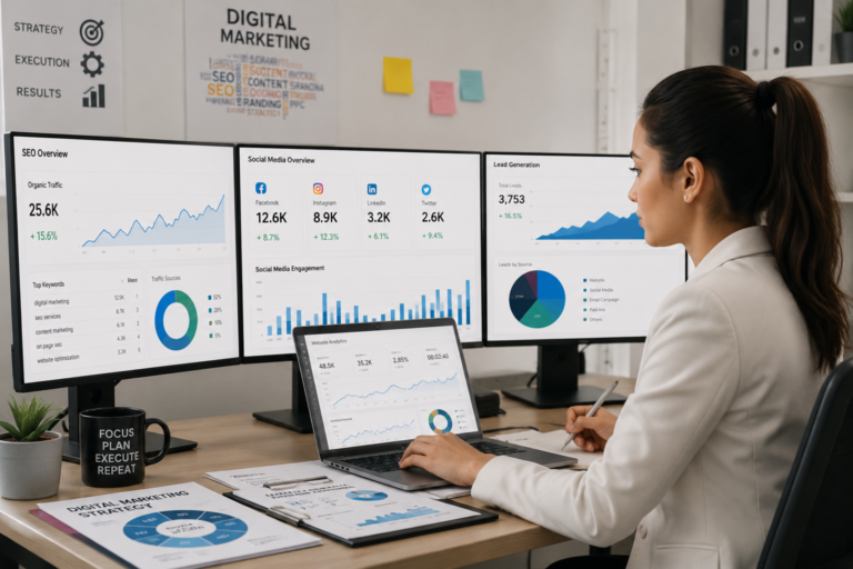 Professional digital marketing strategist analyzing SEO, social media campaigns, website traffic, and lead generation data to drive online business growth.