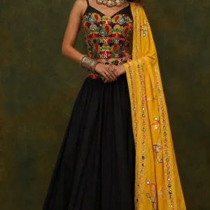 Ethnic Junction Embroidered Semi Stitched Lehenga & Crop Top (Black)